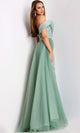 Draped Off-Shoulder Gown with Tulle Overskirt by Jovani
