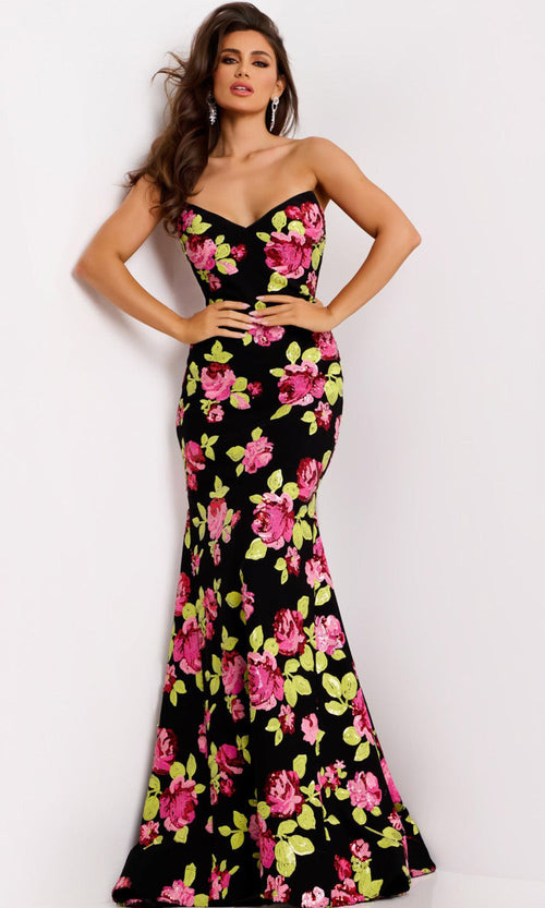 Jovani Floral Sequin Evening Gown