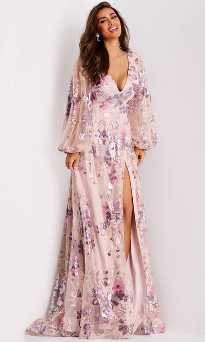 Jovani 44655 - Long Sleeve Metallic Embroidered Gown