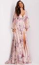 Jovani 44655 - Long Sleeve Metallic Embroidered Gown