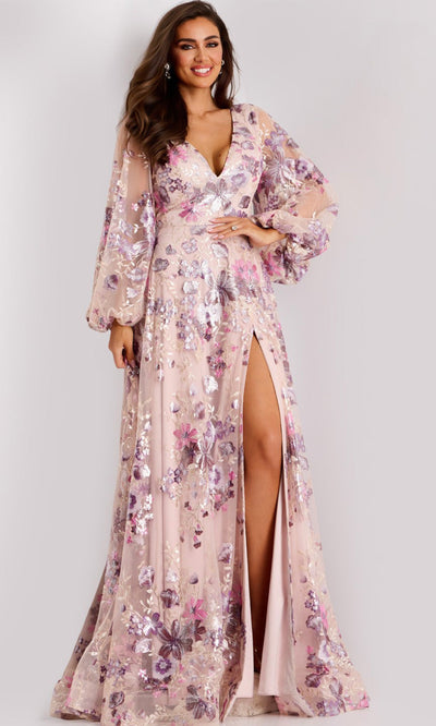 Jovani 44655 - Long Sleeve Metallic Embroidered Gown