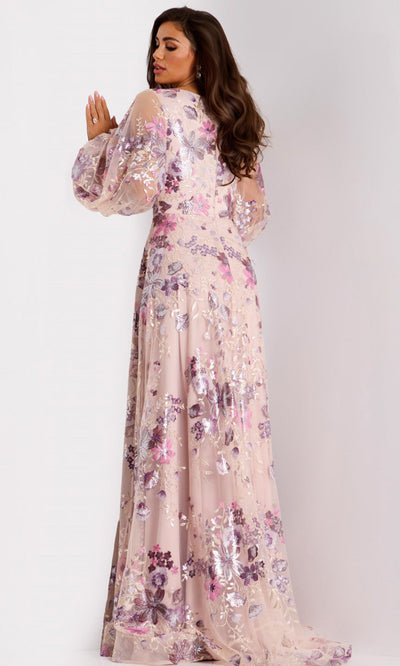 Jovani 44655 - Long Sleeve Metallic Embroidered Gown