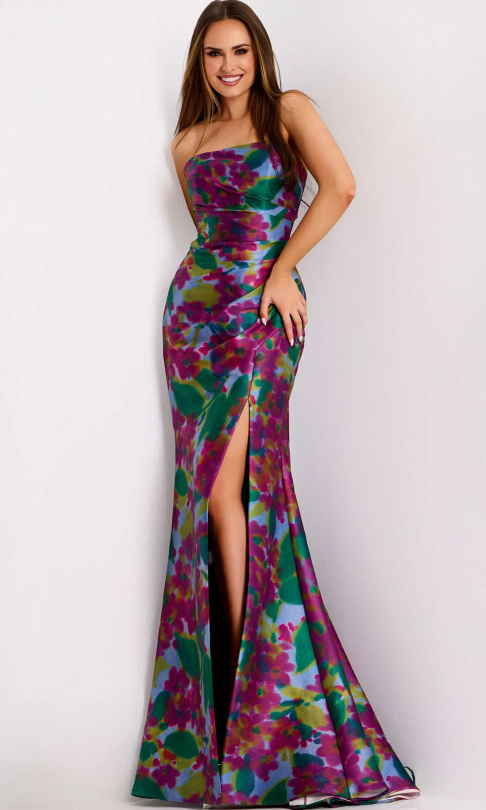 Strapless Watercolor Floral Gown by Jovani