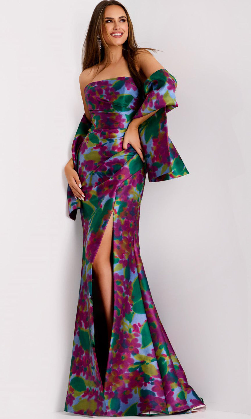 Strapless Watercolor Floral Gown by Jovani