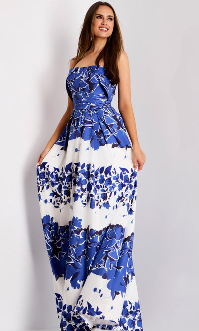 Floral Print Strapless A-Line Gown by Jovani