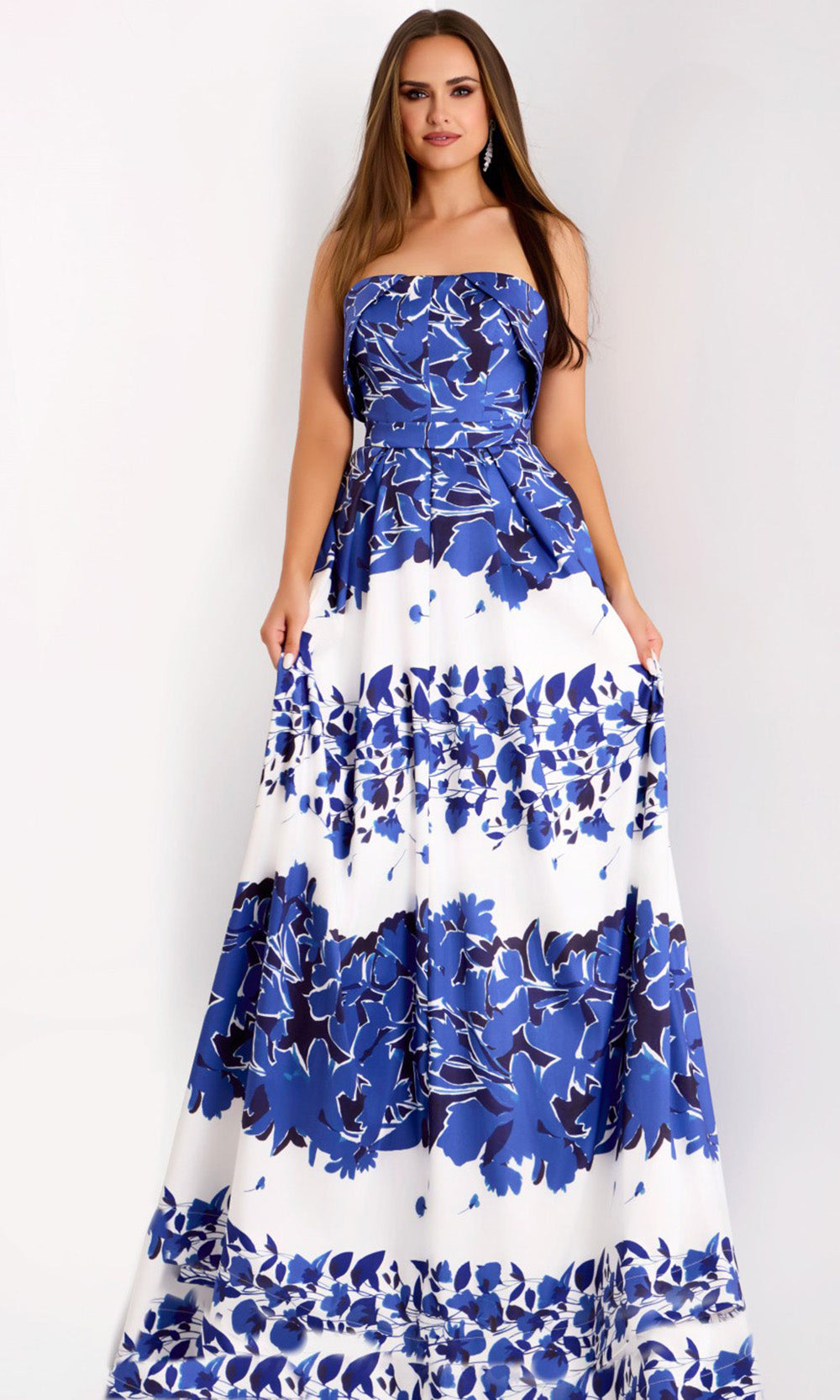 Floral Print Strapless A-Line Gown by Jovani