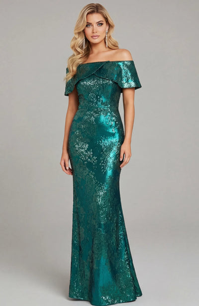 Off Shoulder Metallic Jacquard Evening Gown Floor-Length Formal Dress by Jovani 44757