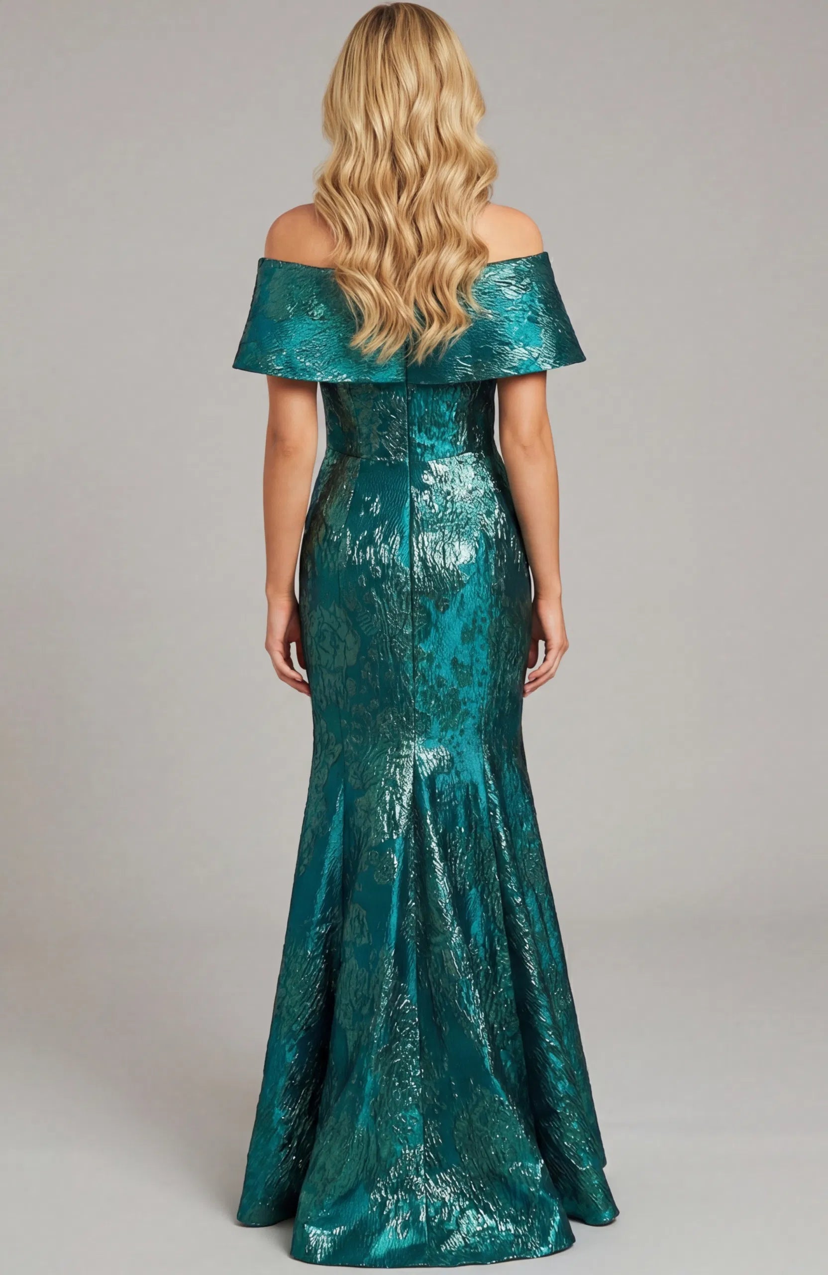 Off Shoulder Metallic Jacquard Evening Gown Floor-Length Formal Dress by Jovani 44757