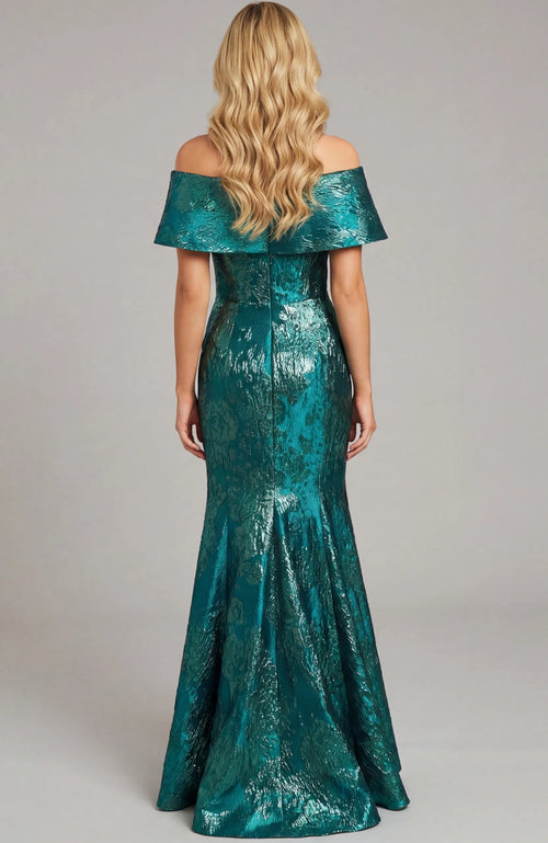 Off Shoulder Metallic Jacquard Evening Gown Floor-Length Formal Dress by Jovani 44757