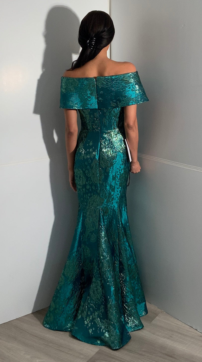 Off Shoulder Metallic Jacquard Evening Gown Floor-Length Formal Dress by Jovani 44757