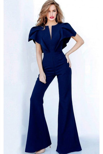 Chic Black Ruffle Jumpsuit with Split Neckline