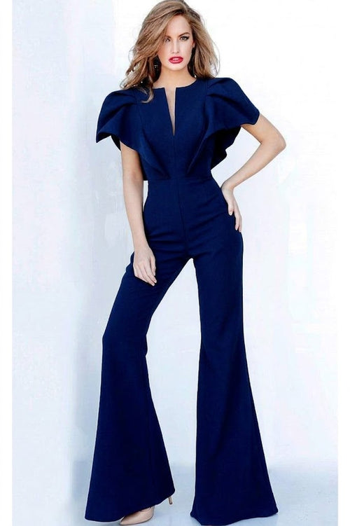 Chic Black Ruffle Jumpsuit with Split Neckline