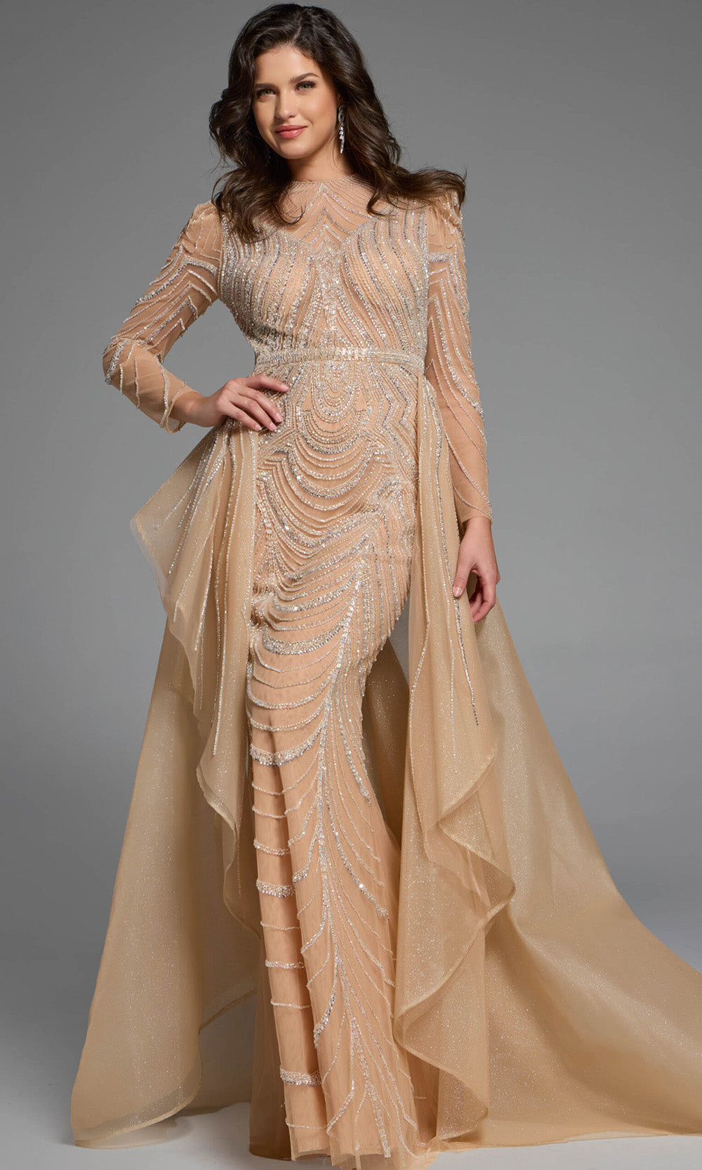 Stunning Champagne Beaded Gown with Overskirt