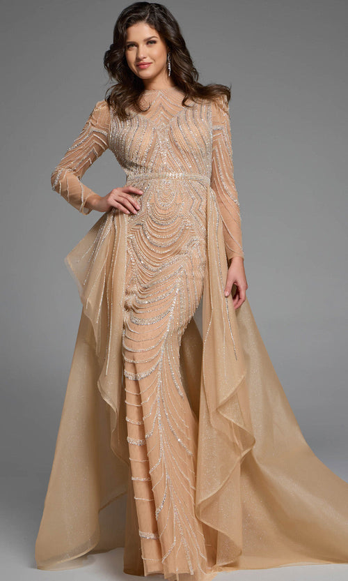 Jovani 44841 Stunning Long Sleeve Mother of Bride Beaded Gown with Overskirt