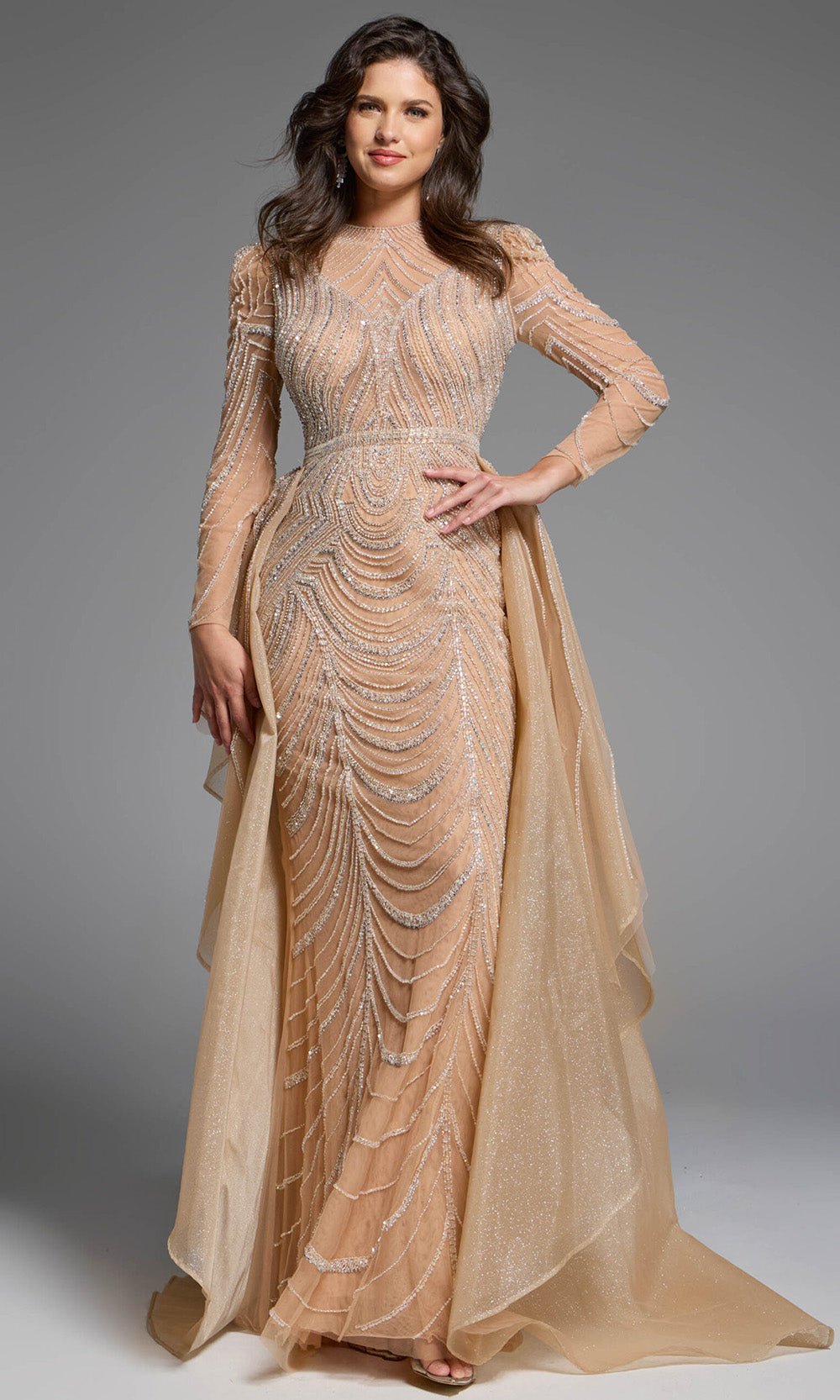 Stunning Champagne Beaded Gown with Overskirt
