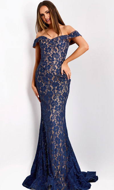 Jovani Off Shoulder Floral Lace Evening Gown