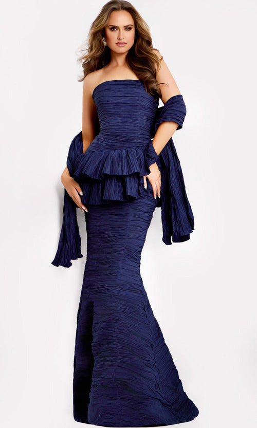 Jovani 45104 - Elegant Ruched Strapless Gown with Peplum