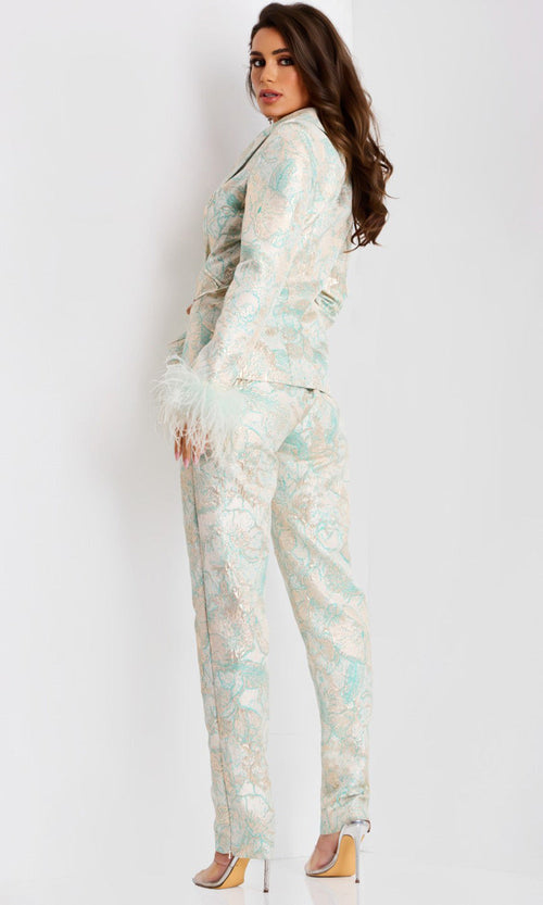 Feather Cuff Metallic Brocade Pantsuit by Jovani