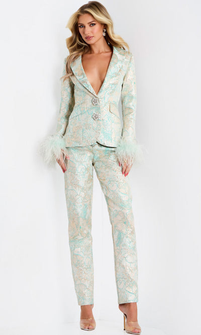 Feather Cuff Metallic Brocade Pantsuit by Jovani