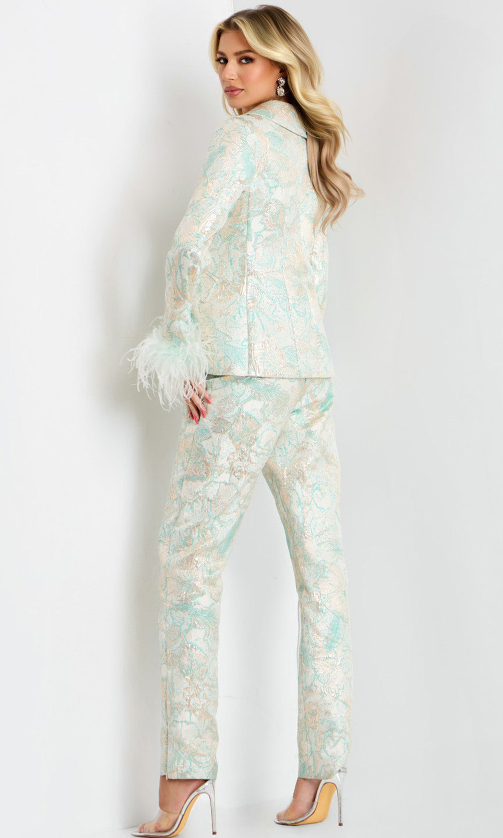 Feather Cuff Metallic Brocade Pantsuit by Jovani