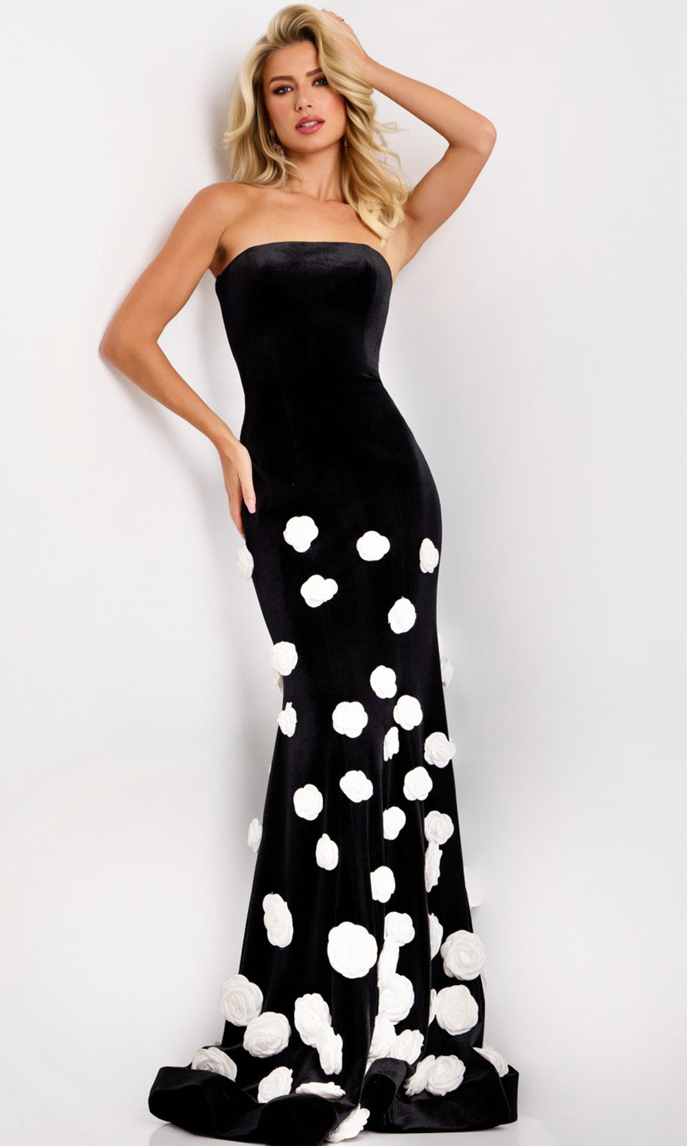 Jovani Black Velvet Gown with Floral Appliques