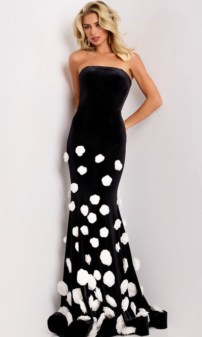 Jovani 45238 - Strapless Velvet Gown with Floral Appliques