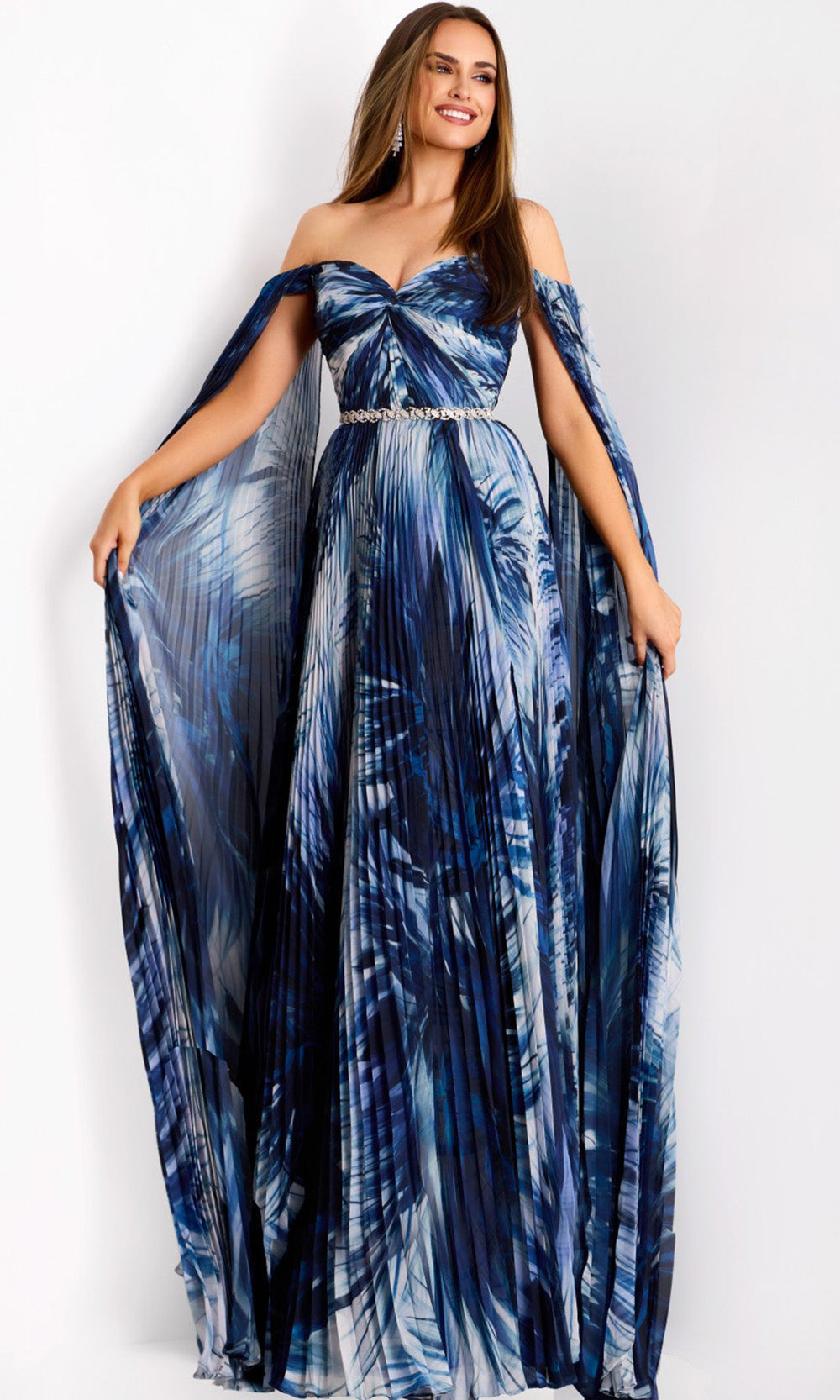 Jovani 45277 - Off-Shoulder Pleated Cape Gown for Elegant Occasions