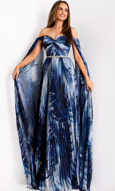 Jovani 45277 - Off-Shoulder Pleated Cape Gown for Elegant Occasions