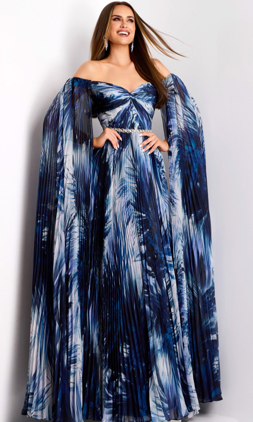 Jovani 45277 - Off-Shoulder Pleated Cape Gown for Elegant Occasions