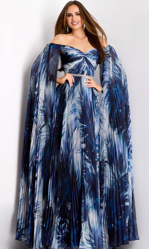 Jovani 45277 - Off-Shoulder Pleated Cape Gown for Elegant Occasions