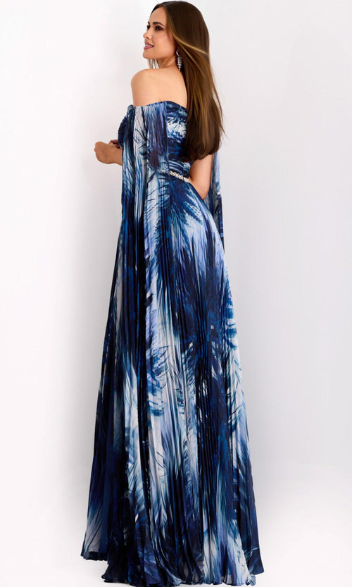 Jovani 45277 - Off-Shoulder Pleated Cape Gown for Elegant Occasions