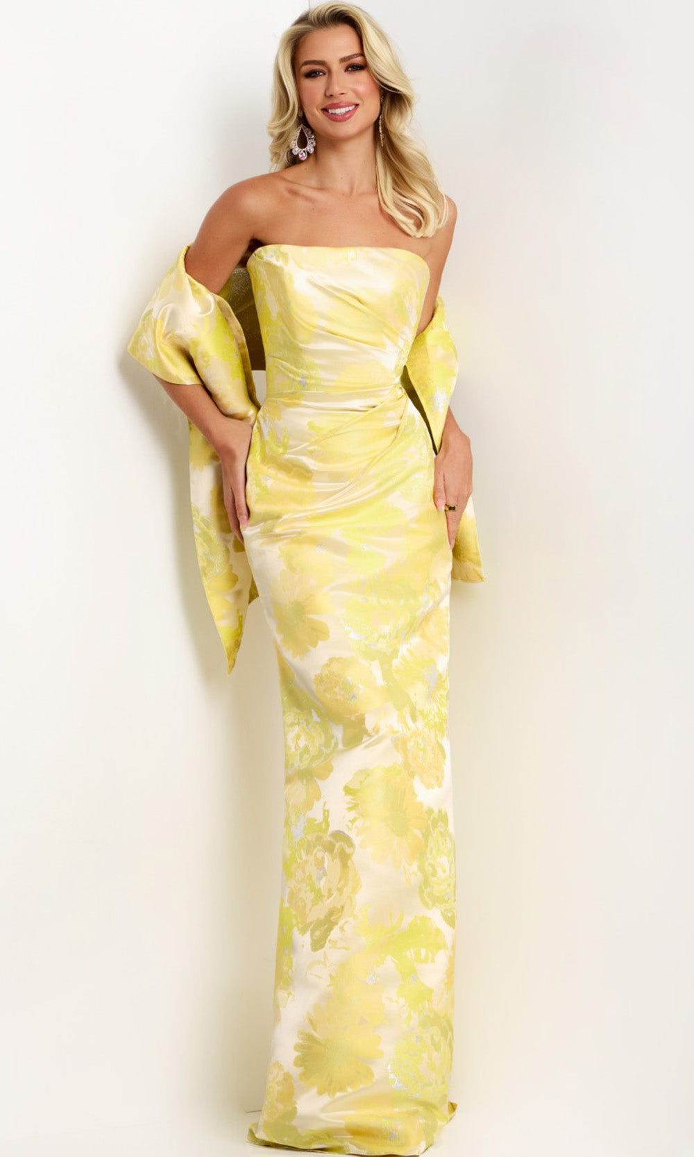 Strapless Floral Jacquard Gown in Yellow from Jovani
