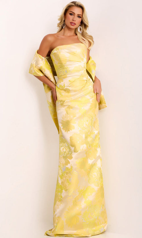 Strapless Floral Jacquard Gown in Yellow from Jovani