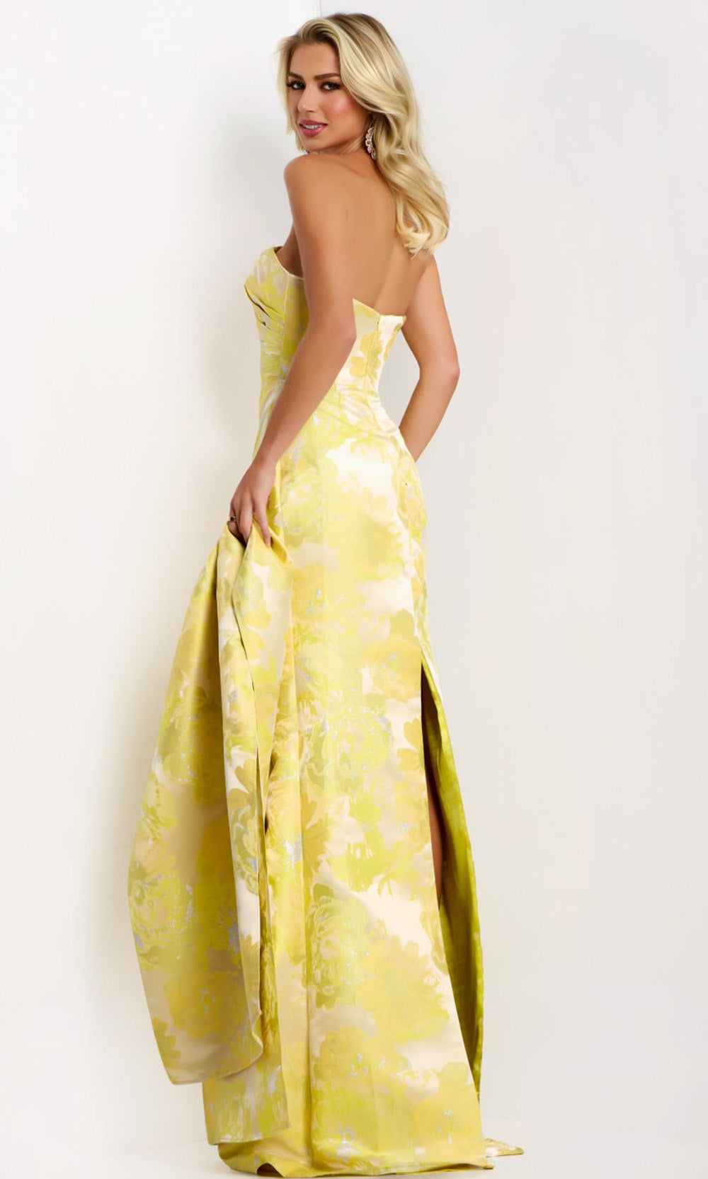 Strapless Floral Jacquard Gown in Yellow from Jovani