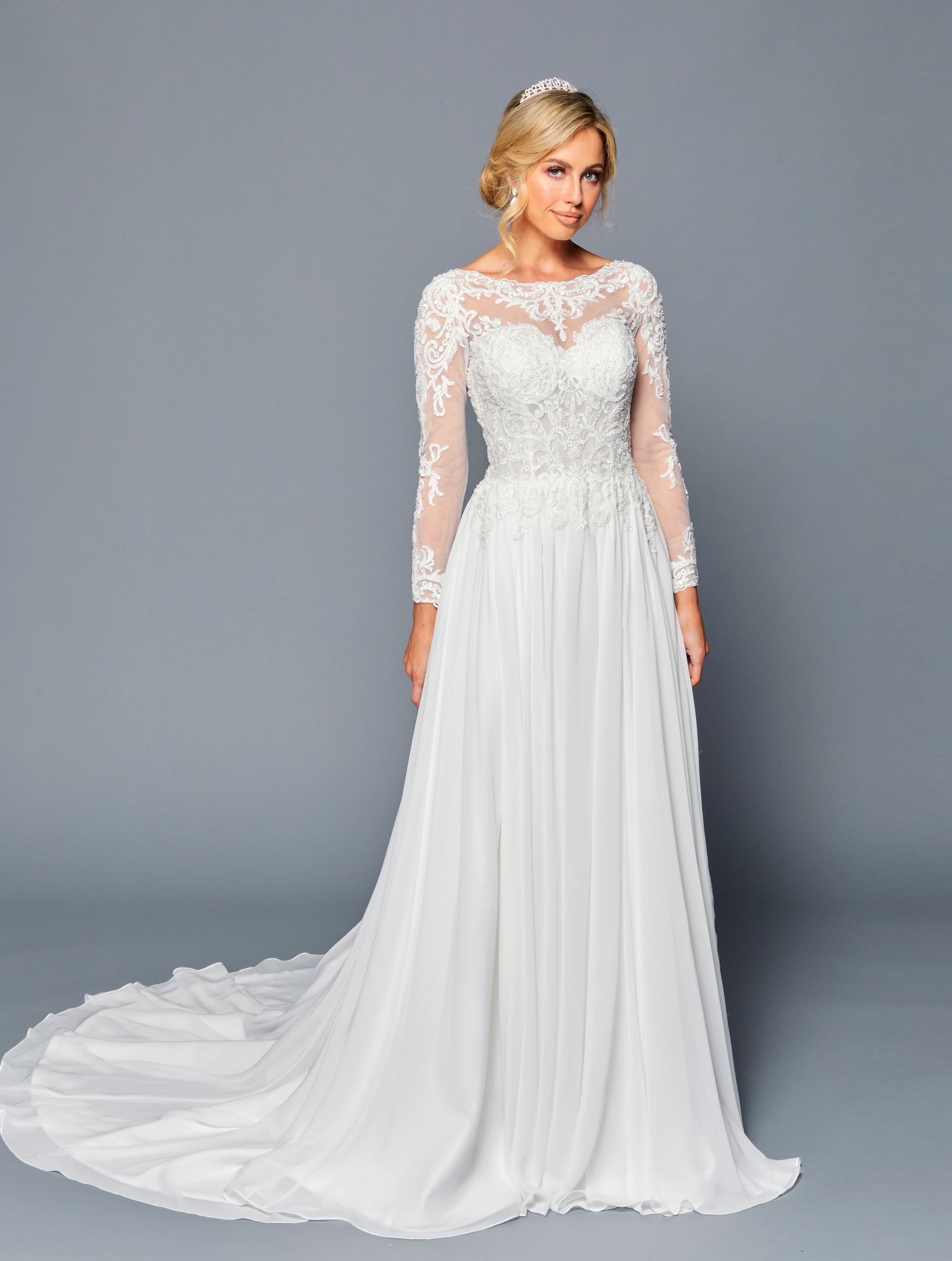 knee length dresses for ladies Long Sleeves Boat Neckline Wedding Dress Santorini 5724 Ivory / Pre-Order 6 main image 1