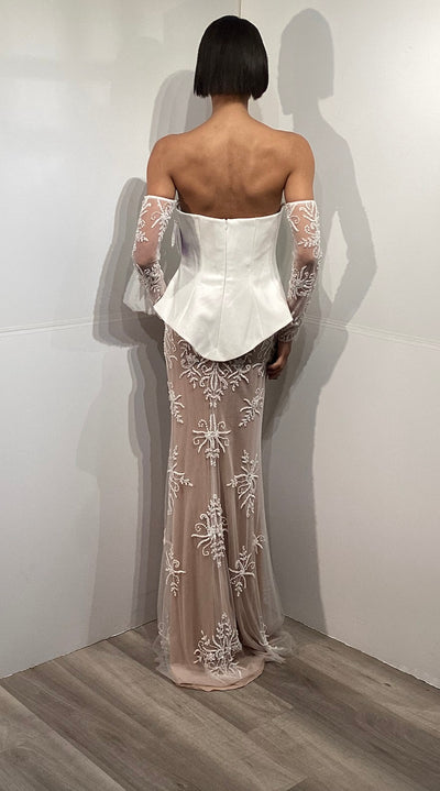 Strapless Corset Dress with Sheer Beaded Lace Skirt & Detachable Sleeves by Jovani 45326