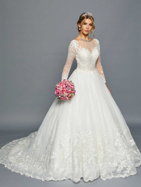 DeKlaire 454 Long Sleeve Wedding Gown with Boat Neckline