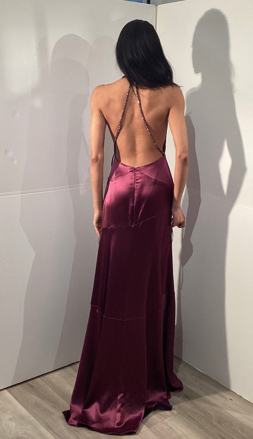 Satin Halter Neck Open Back Formal Gown with Draped Bodice Floor Length Dress by Jovani 45461