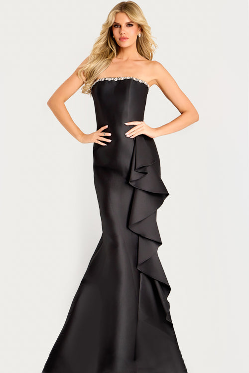 Mermaid Evening Gown with Crystal Trim Cascading Side Ruffle & Train Formal Dress by Jovani 45586