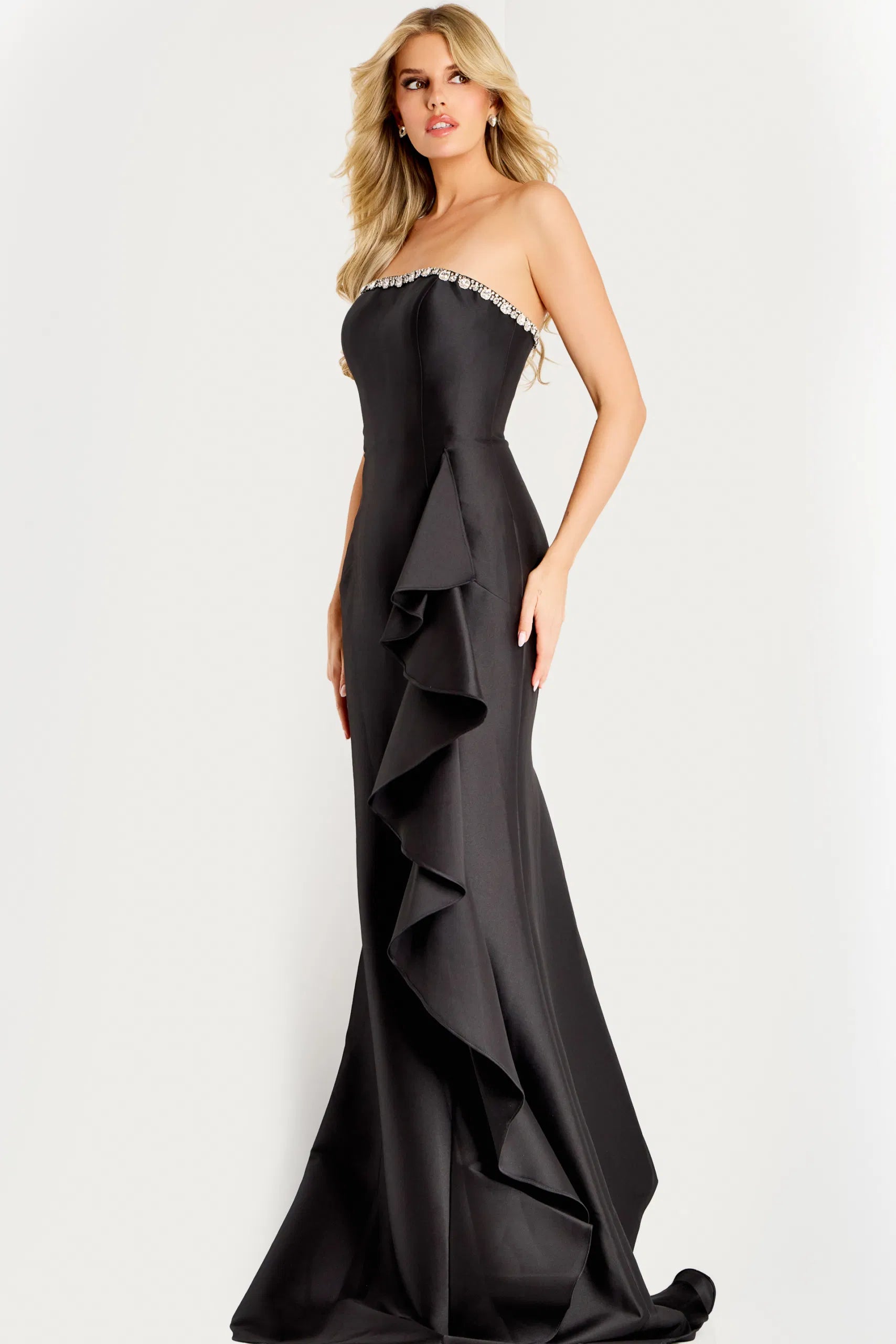 Mermaid Evening Gown with Crystal Trim Cascading Side Ruffle & Train Formal Dress by Jovani 45586