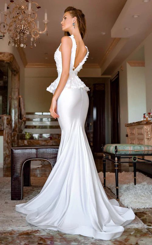 Formal Dresses Fitted Long Formal Floral Peplum Evening Dress White