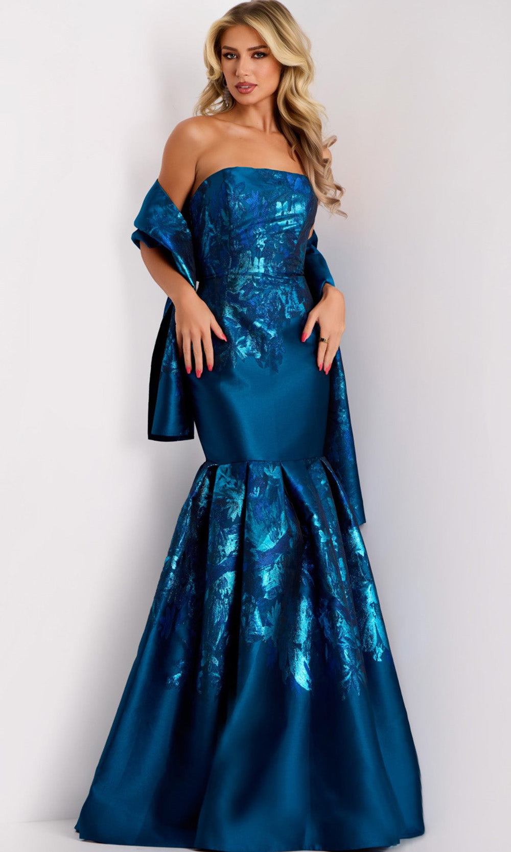 Stunning Peacock Metallic Floral Gown by Jovani