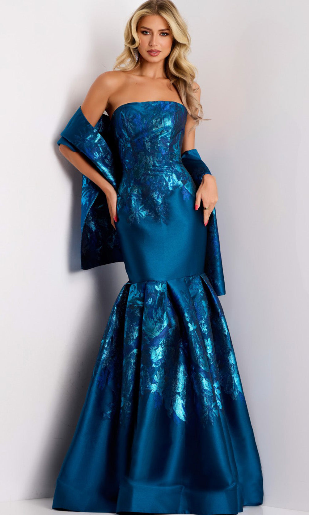 Stunning Peacock Metallic Floral Gown by Jovani