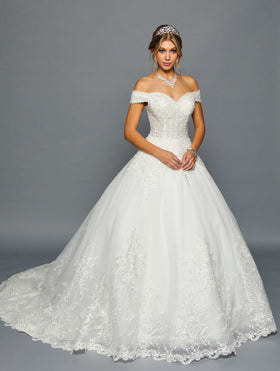 DeKlaire 458 Off-the-Shoulder Lace Tulle A-Line Wedding Dress with Chapel Train