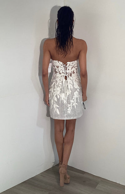 Strapless Floral Applique Short Cocktail Dress with Sheer Corset Bodice Dress by Jovani 45855