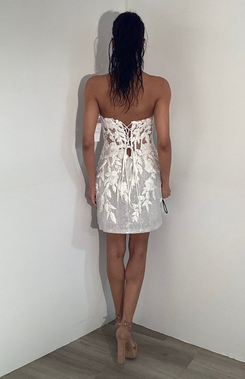 Strapless Floral Applique Short Cocktail Dress with Sheer Corset Bodice Dress by Jovani 45855
