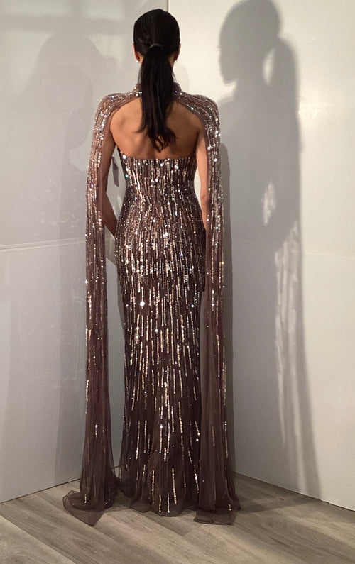 Sequin Strapless Evening Gown with Detachable Cape Sleeves & Cutout Neckline by Jovani 46060