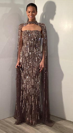 Sequin Strapless Evening Gown with Detachable Cape Sleeves & Cutout Neckline by Jovani 46060