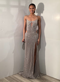 Beaded Sequin Open Back Evening Gown with Thigh Slit Sleeveless Sparkly Dress by Jovani 46069