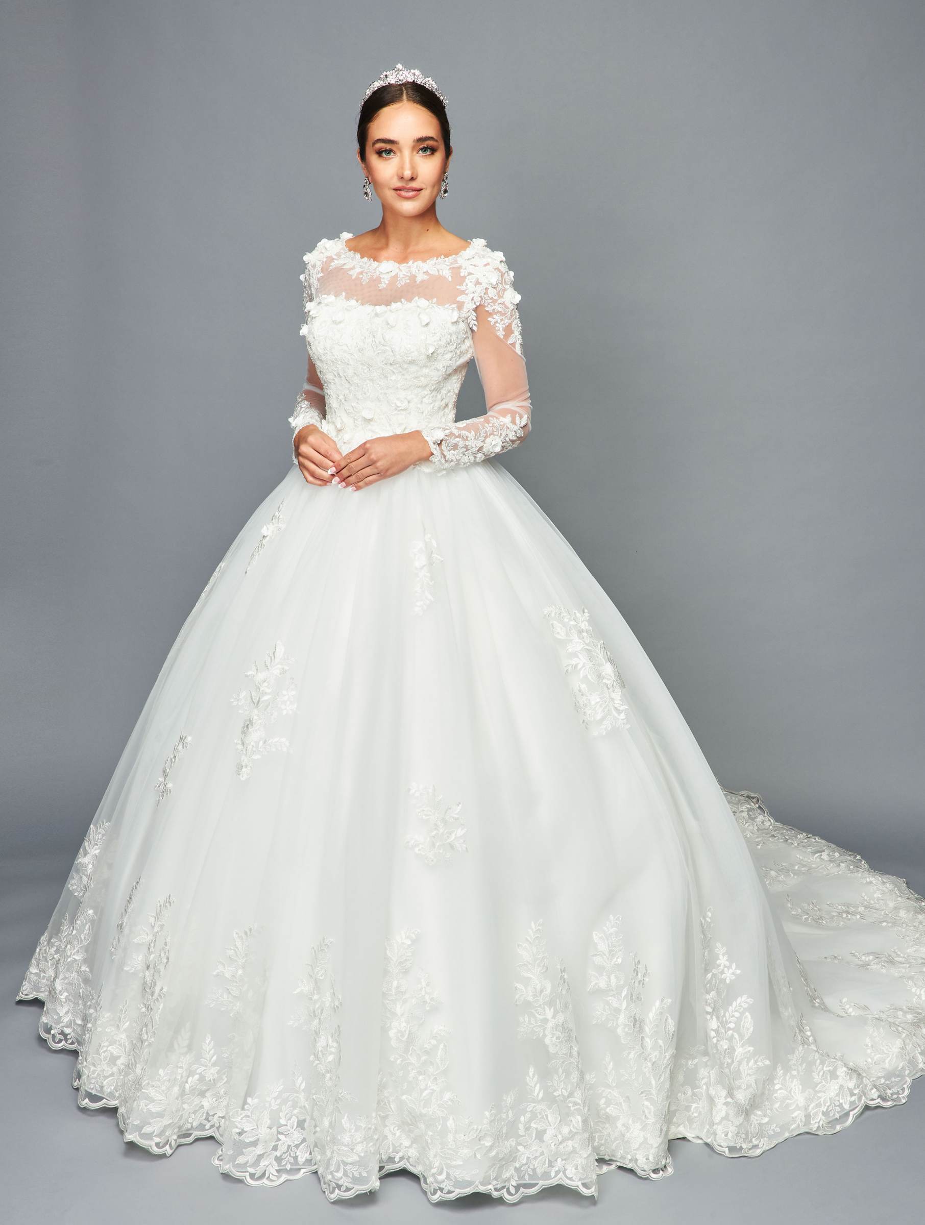 DeKlaire 469 A-Line Wedding Dress  Long Sleeve Ball Gown White / S